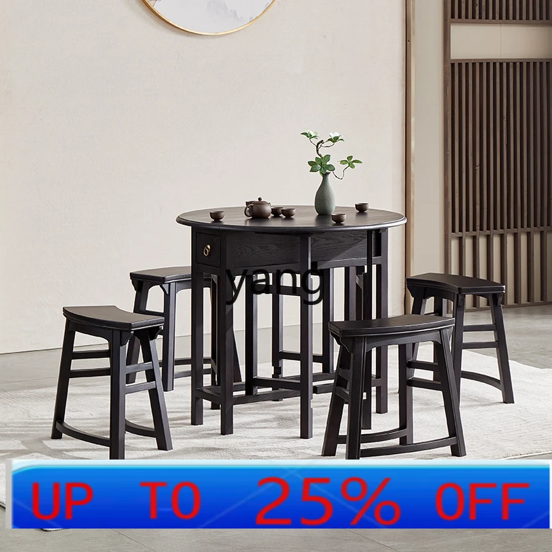 LHH new Chinese tea table and chair combination solid wood tea table telescopic folding round table