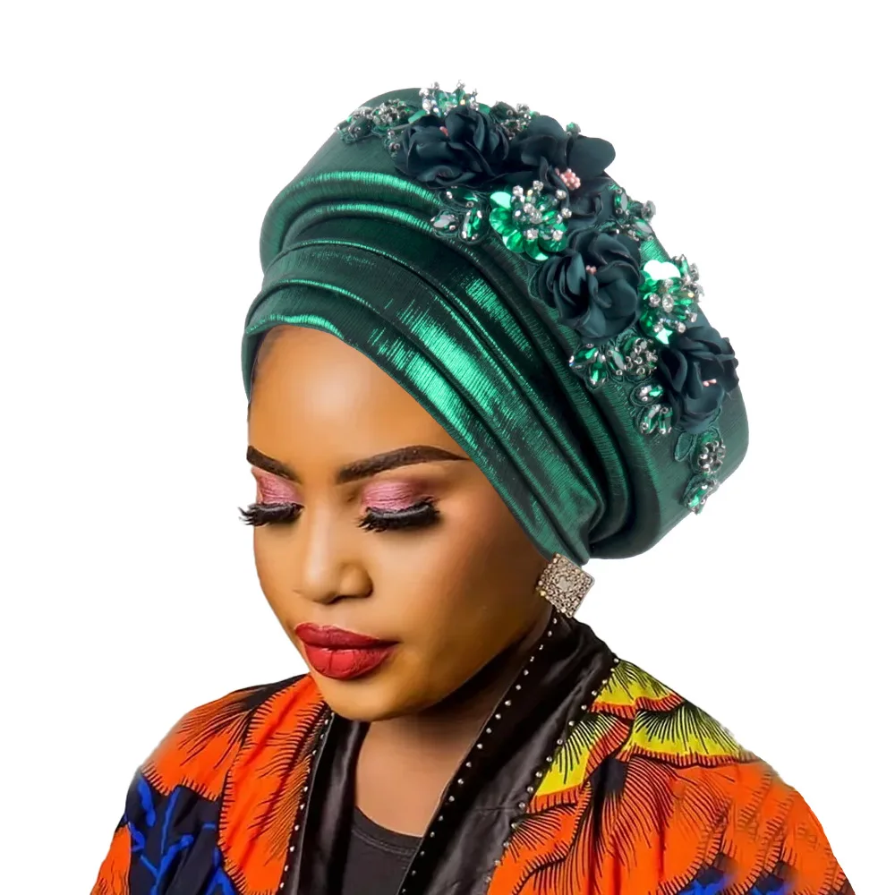 New Ethnic Heavy Embroidered Flower Two-Layer Sponge Turban Cap for Women, Cross Border In Stock