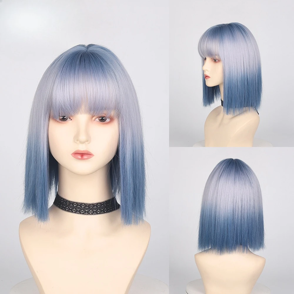 

Парик Harajuku Lolita, постепенная смена тумана, синий, короткие прямые волосы, окрашенный сверху, потому что парик