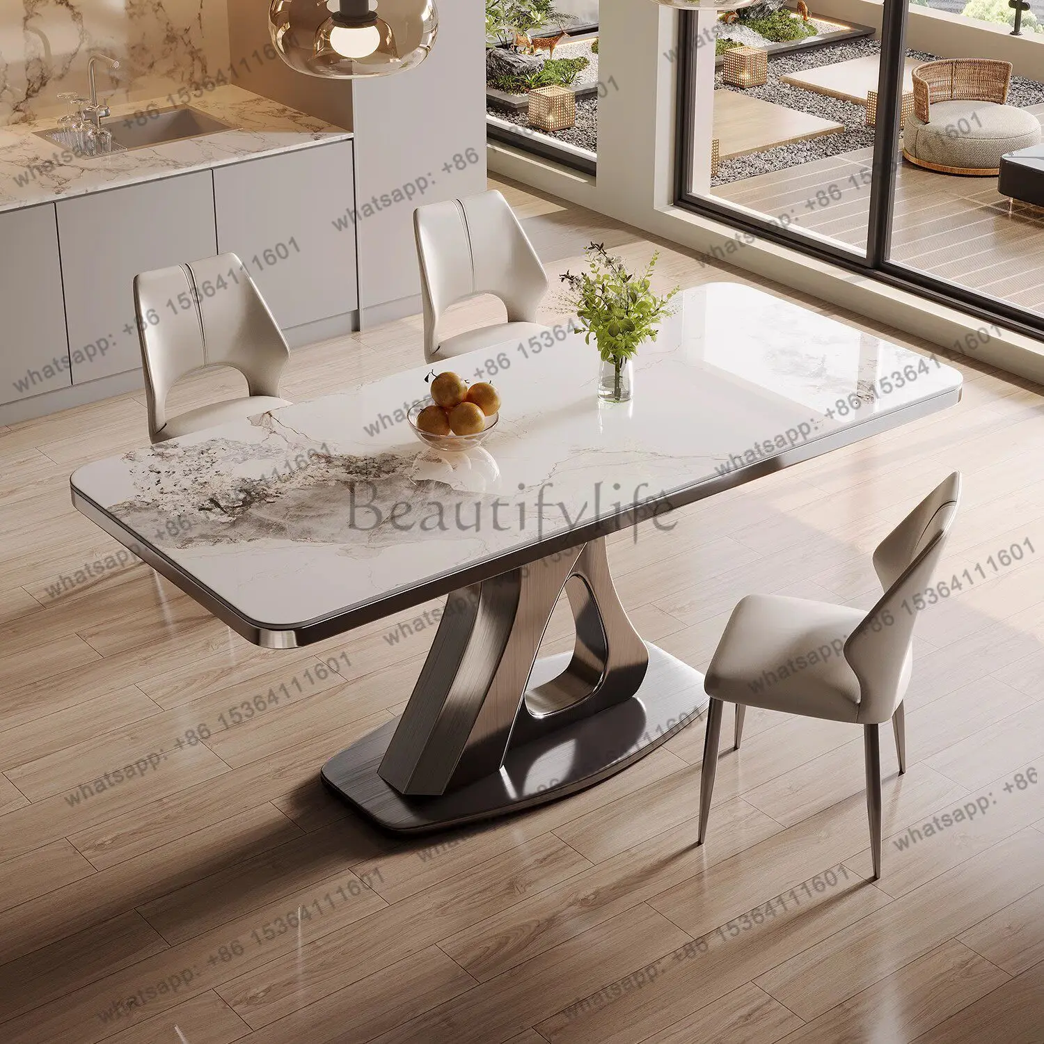 Light luxury rock slab stainless steel dining table Simple high-end household rectangular dining table