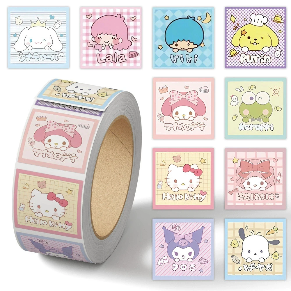 

500pcs Anime Kuromi My Melody Cinnamoroll Hello Kitty Sticker Roll Sanrio Cartoon Sealing Labels Decal Kawaii Reward Sticker Toy