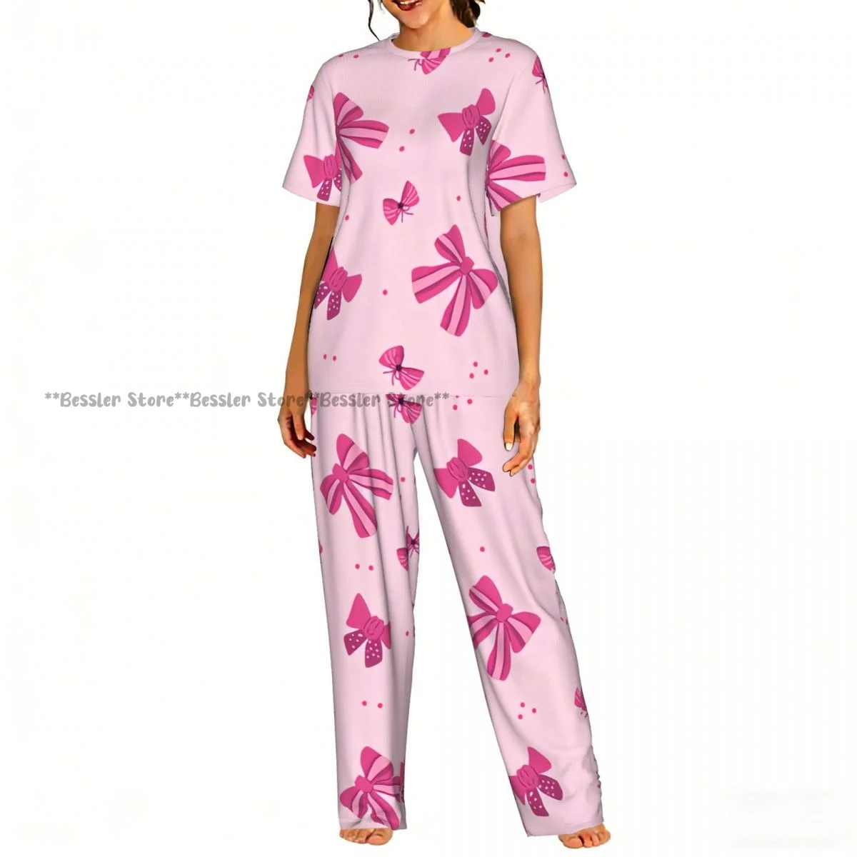 

Женский комплект из 2 предметов: пижама с милым узором в виде бантиков, топ с короткими рукавами и брюки для сна.