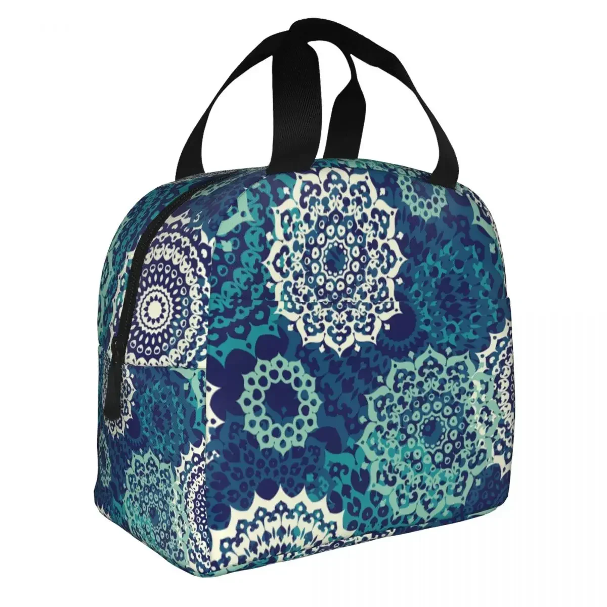 Blue Teal Oriental Mandalas Lunch Bags Portable Insulated Canvas Cooler Bag Thermal Food Picnic Work Tote for Women Girl