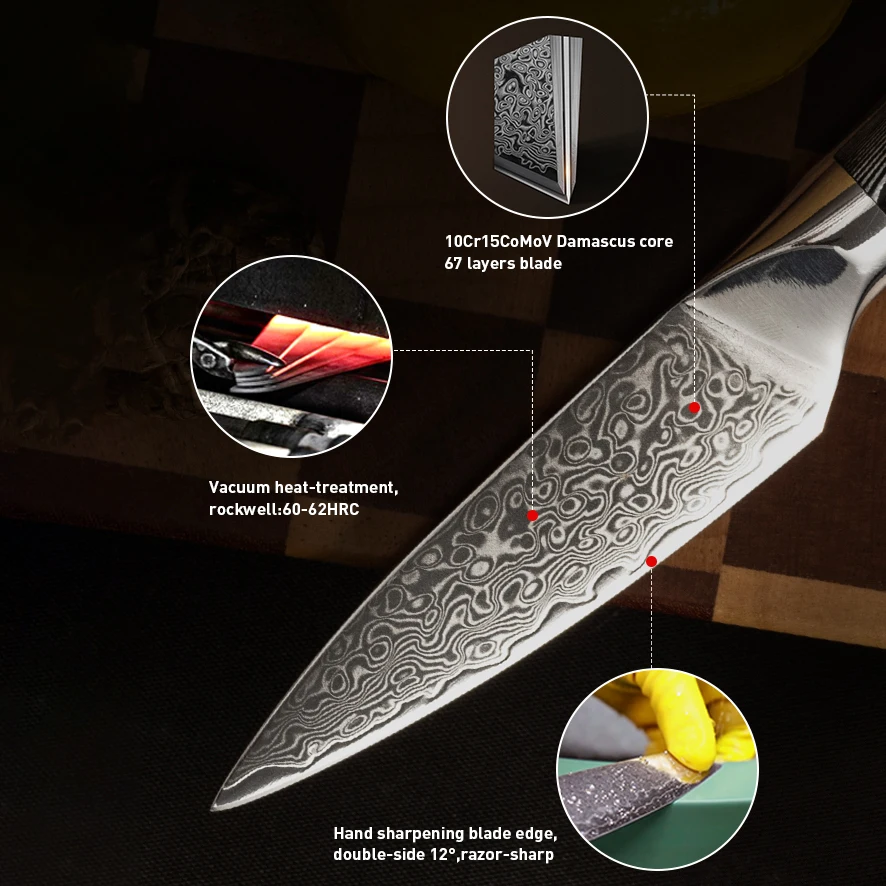 3.5 Inch Paring Knife 67 Layers Damascus Steel 10Cr15MoV Blade Sharp Cleaver BBQ Peeling Kitchen Knives G10 Handle Cooking Tools