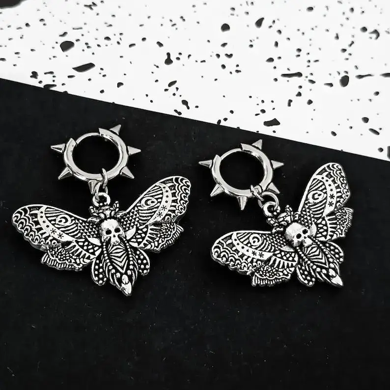 Vintage Moth Moon Sward Earrings For Women Girls Punk Butterfly Insect Rivets Ear Hooks Witch Jewelry Accessory Gifts
