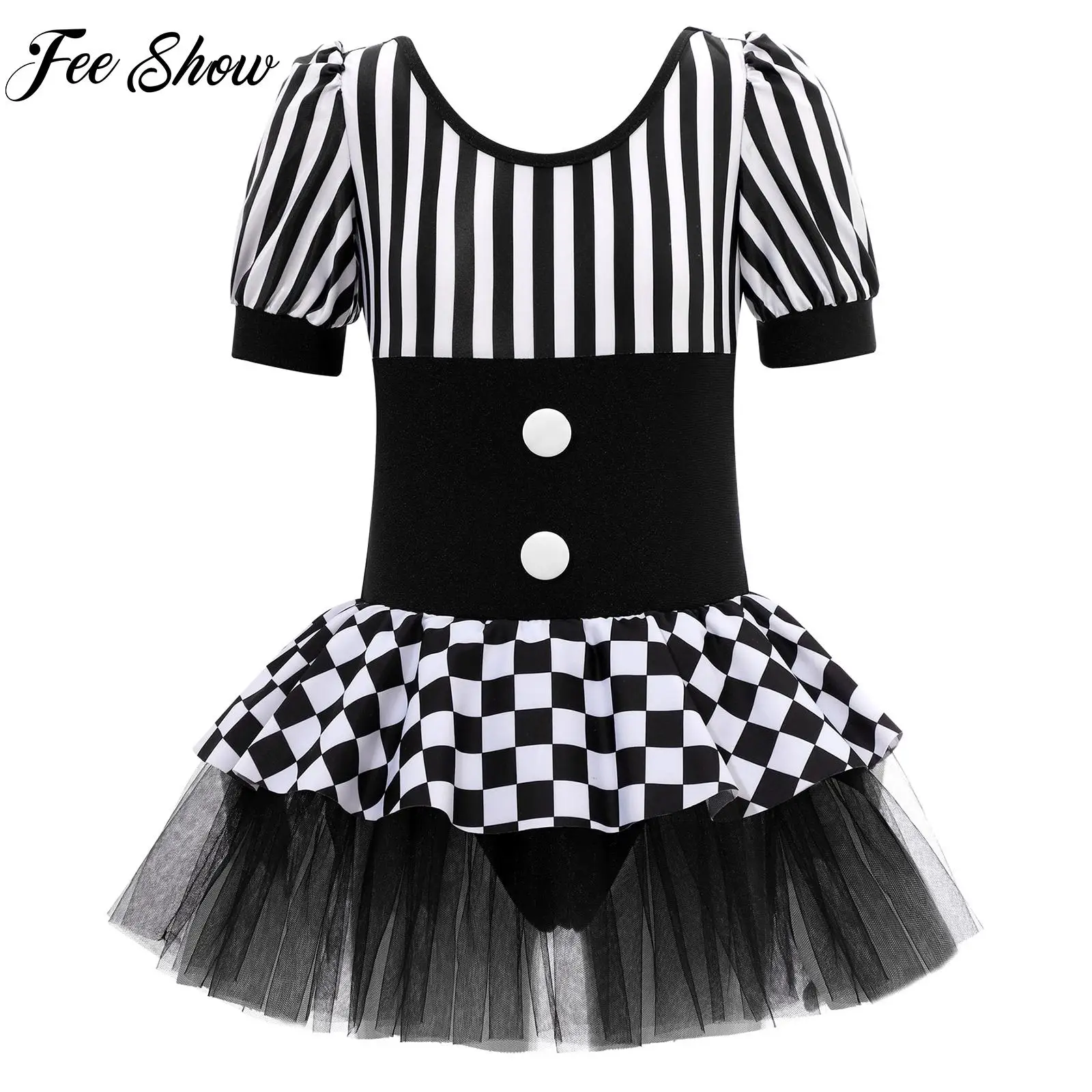 

Black Kids Girls Halloween Christmas Circus Clown Costume Short Sleeve Stripes Checkerboard Print Tutu Dress Leotard Dancewear