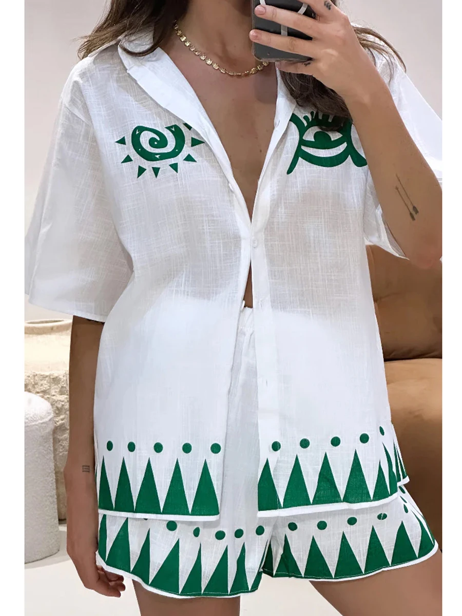 Women Summer 2 Piece Beach Outfits Print Short Sleeve Tops Wide Leg Shorts Set Y2k Holiday Matching Sets Streetwear