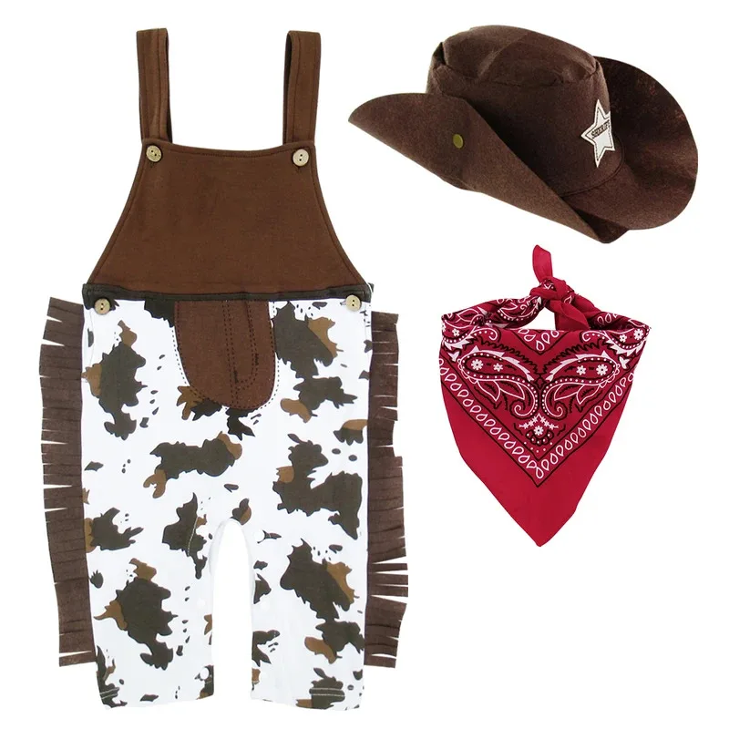 

Baby Boys Western Cowboy Romper Sets with Scarf and Hat Toddler Carnival Fancy Dress Cosplay Party Costume Infant Outfit