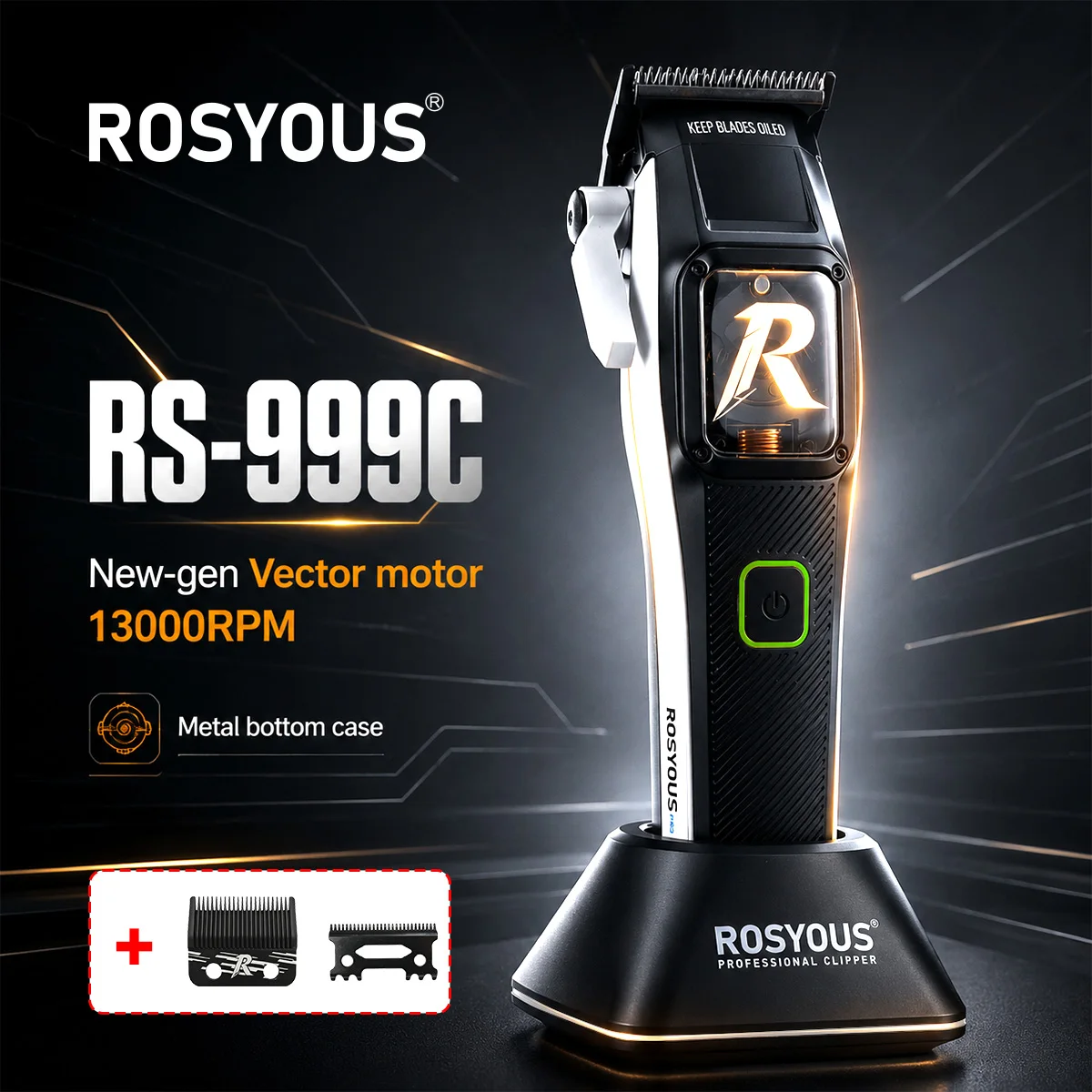 ROSYOUS RS-999C Professional Hair Clipper for Men 13000RPM Magnetic Vector Motor Base Charger Full Metal Barber Trimmer Machines