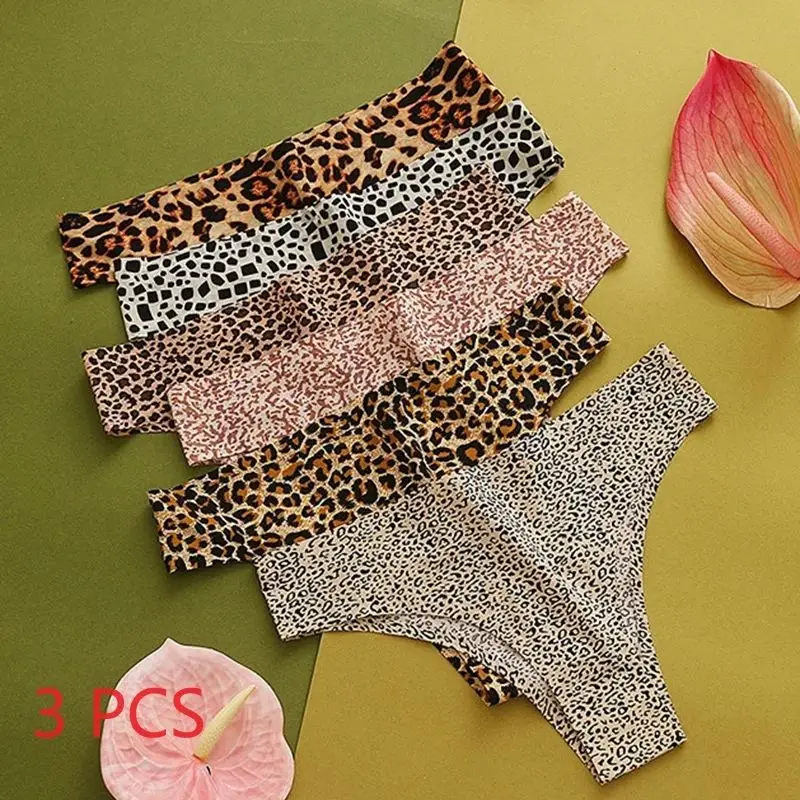 3PCS/Set Women\'s Panties Fashion Low Rise Leopard Bikini Sexy Seamless Underwear Silk Satin Lingerie Sports Fitness G-Strings