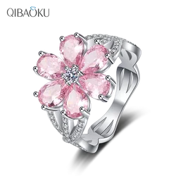 Pink Yellow Flower Sparkling Zircon Engagement Wedding Ring 18K Gold Plated White Gold Plated Jewelry