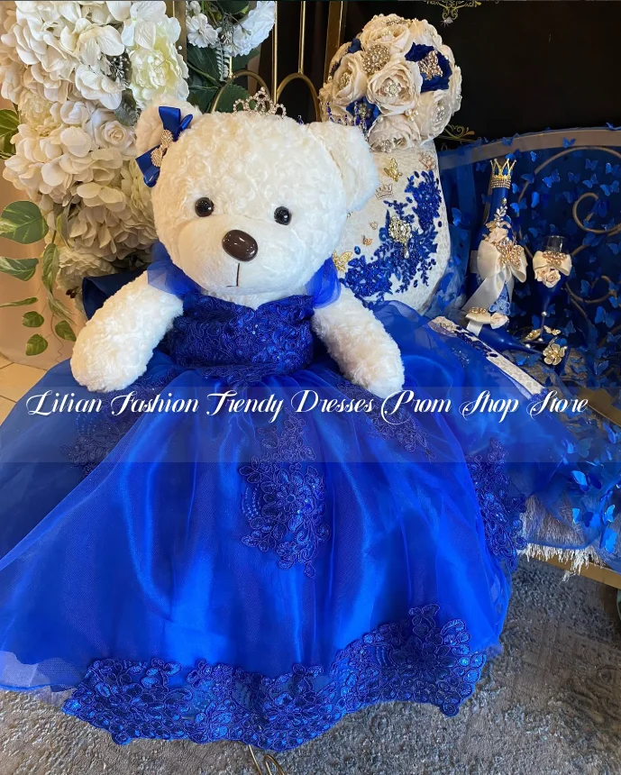 Royal Blue Mini Quinceanera Teddy Bear Dress 2025 Luxurious 3 Lace Appliqué Beaded Sequins Inlay Poncho Customised