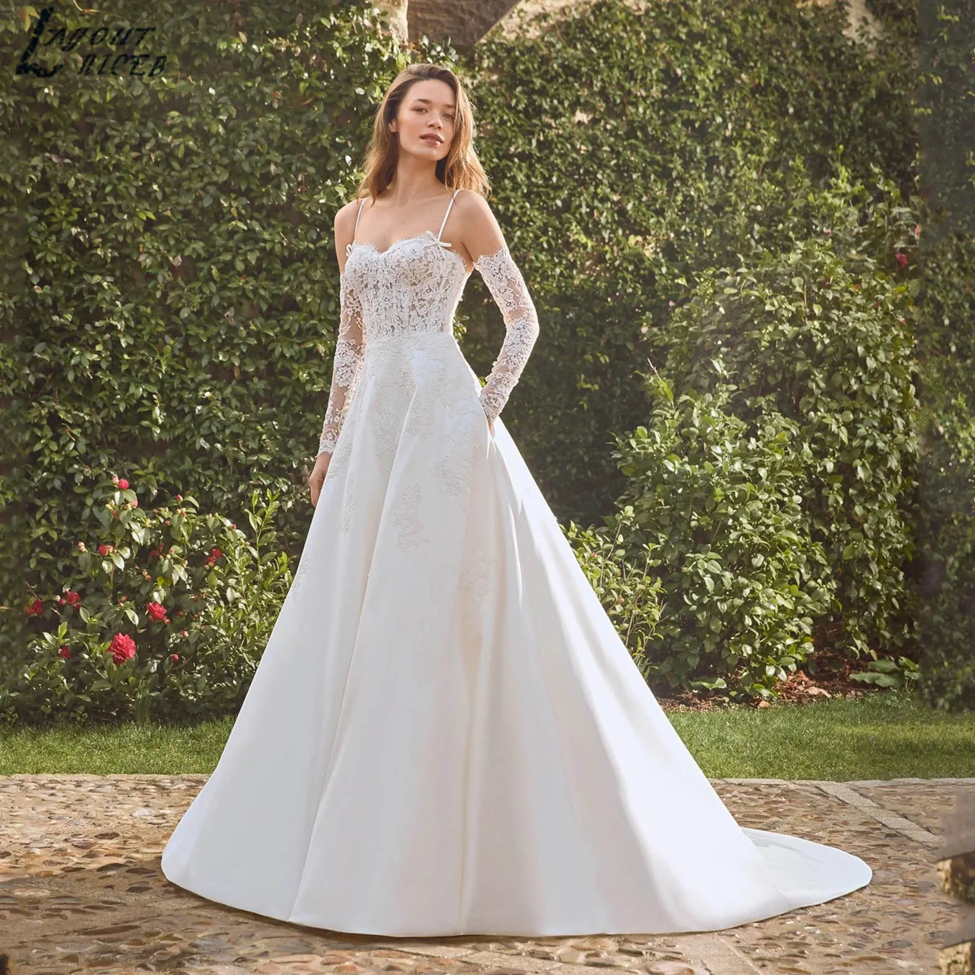 Spaghetti Straps Satin Lace Wedding Dress Modern A-line Backless Bridal Gown With Removable Sleeves vestidos de novia Customized