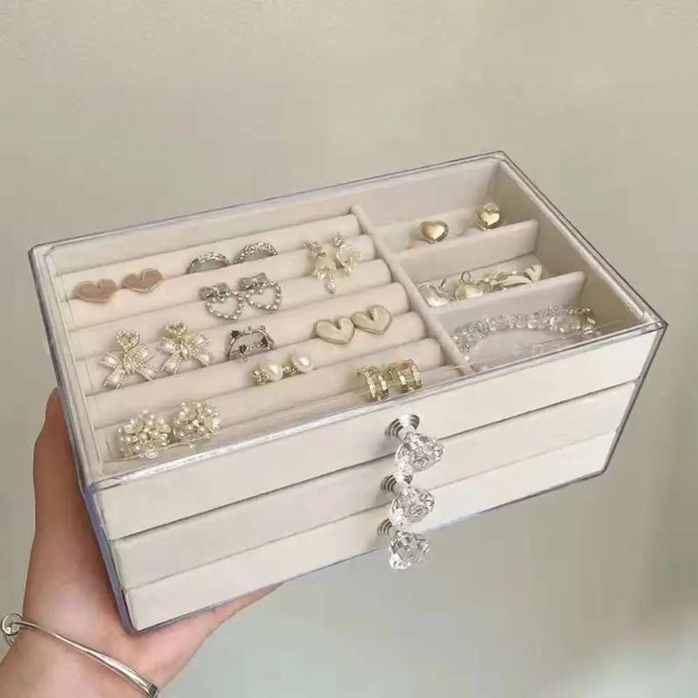 

High-Capacity Flannel Jewelry Box Transparent 3-Layer Earrings Necklaces Storage Oxidation-resistant Acrylic