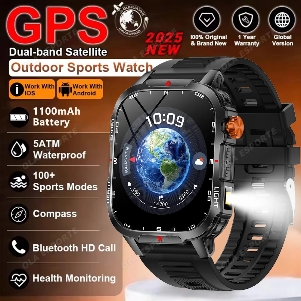 

Outdoor Waterproof Men Smart Watch HD AMOLED Screen Bluetooth Call GPS Compass Smartwatch 1100mAh Large Battery 100+Sports Modes