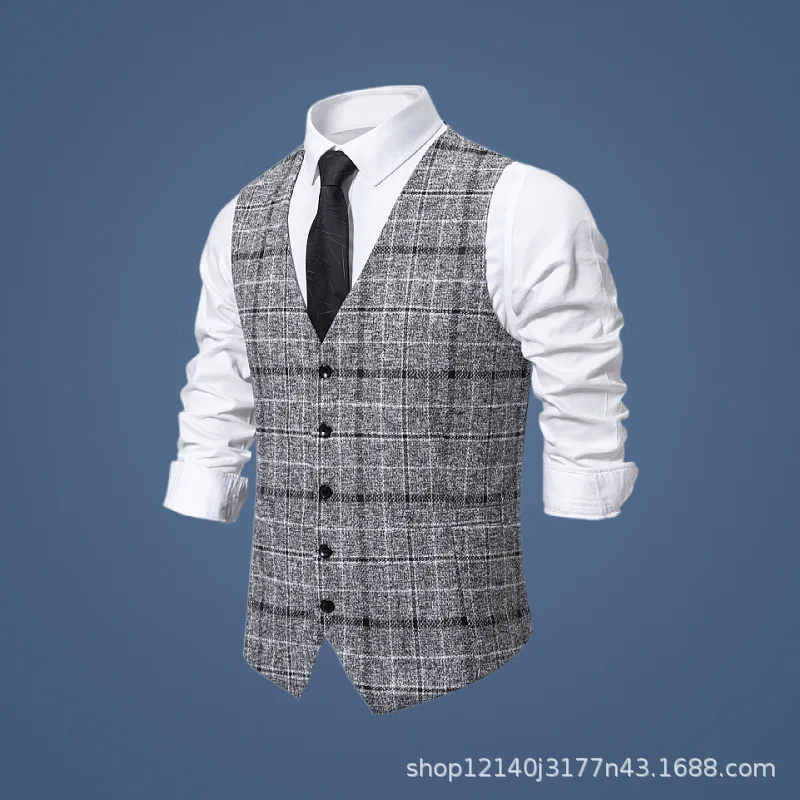 

New autumn and winter men's vest slim single-breasted suit vest men's British plaid vest D16