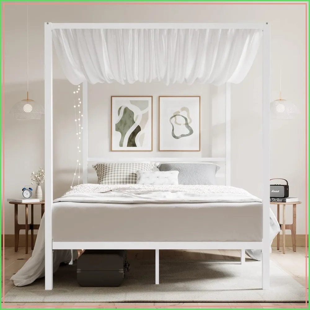 Queen Size Metal Canopy Bed Frame Heavy-Duty Support White