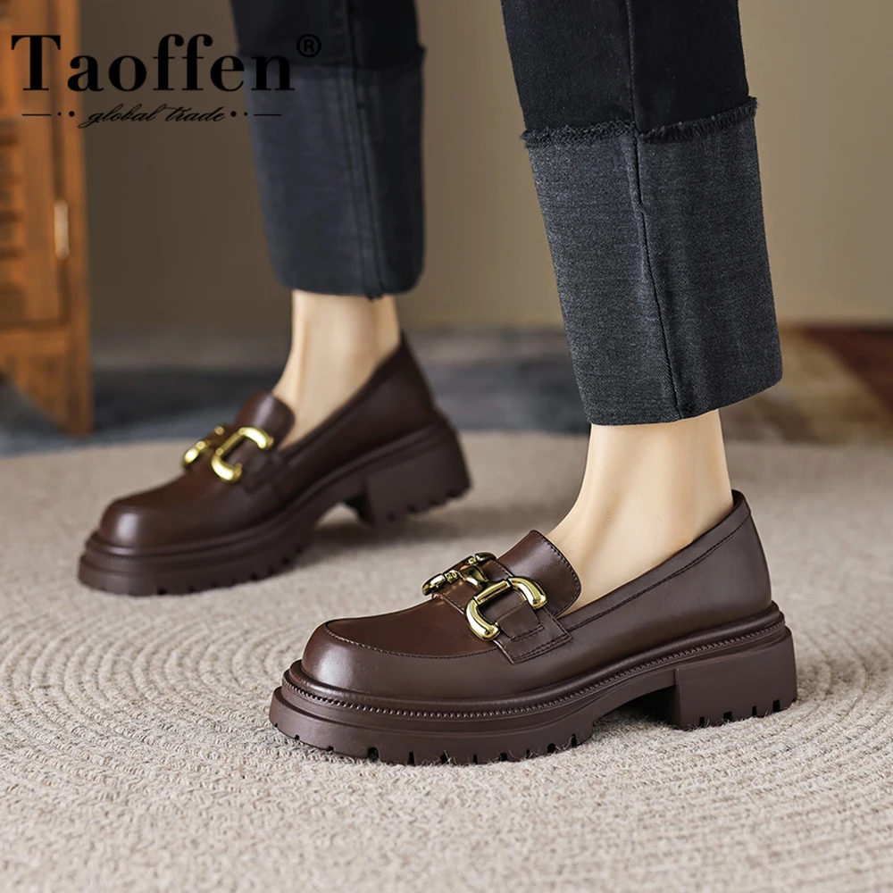 Taoffen Casual Loafers For Women Genuine Leather Square Heel Metal Decoration Pumps Mature Round Toe Slip-On Office Lady Shoes