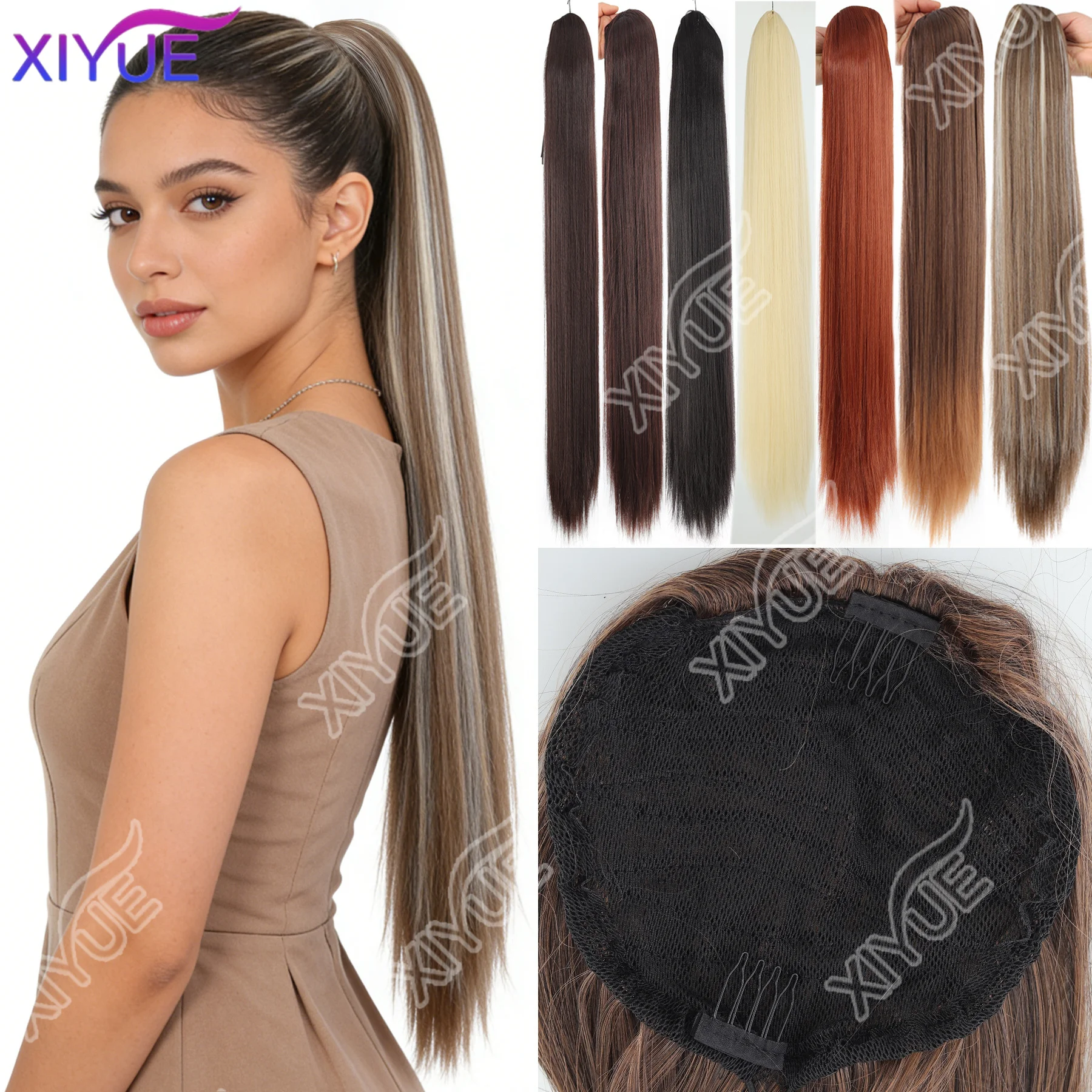 XIYUE Long Straight Ponytail Synthetic Extension for Women Drawstring Heat-Resistant Easy Styling Fit,Halloween Christmas