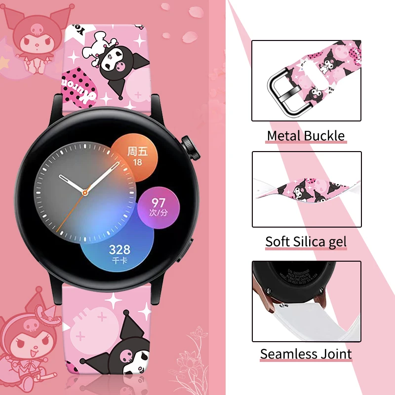 Sanrio Kuromi 20mm Printed Strap for Samsung Galaxy Watch 6/5 40mm 44mm Band Replaceable Bracelet for Amazfit Balance 5pro 45mm