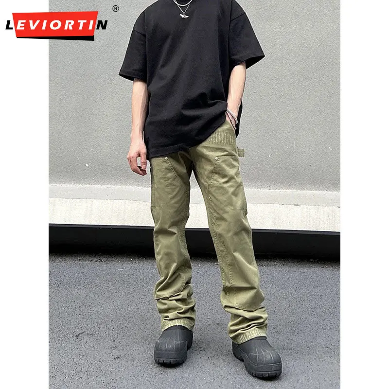 Retro logging pants for men in autumn/winter with plush trendy brand loose straight leg double knee grip open front casual pants