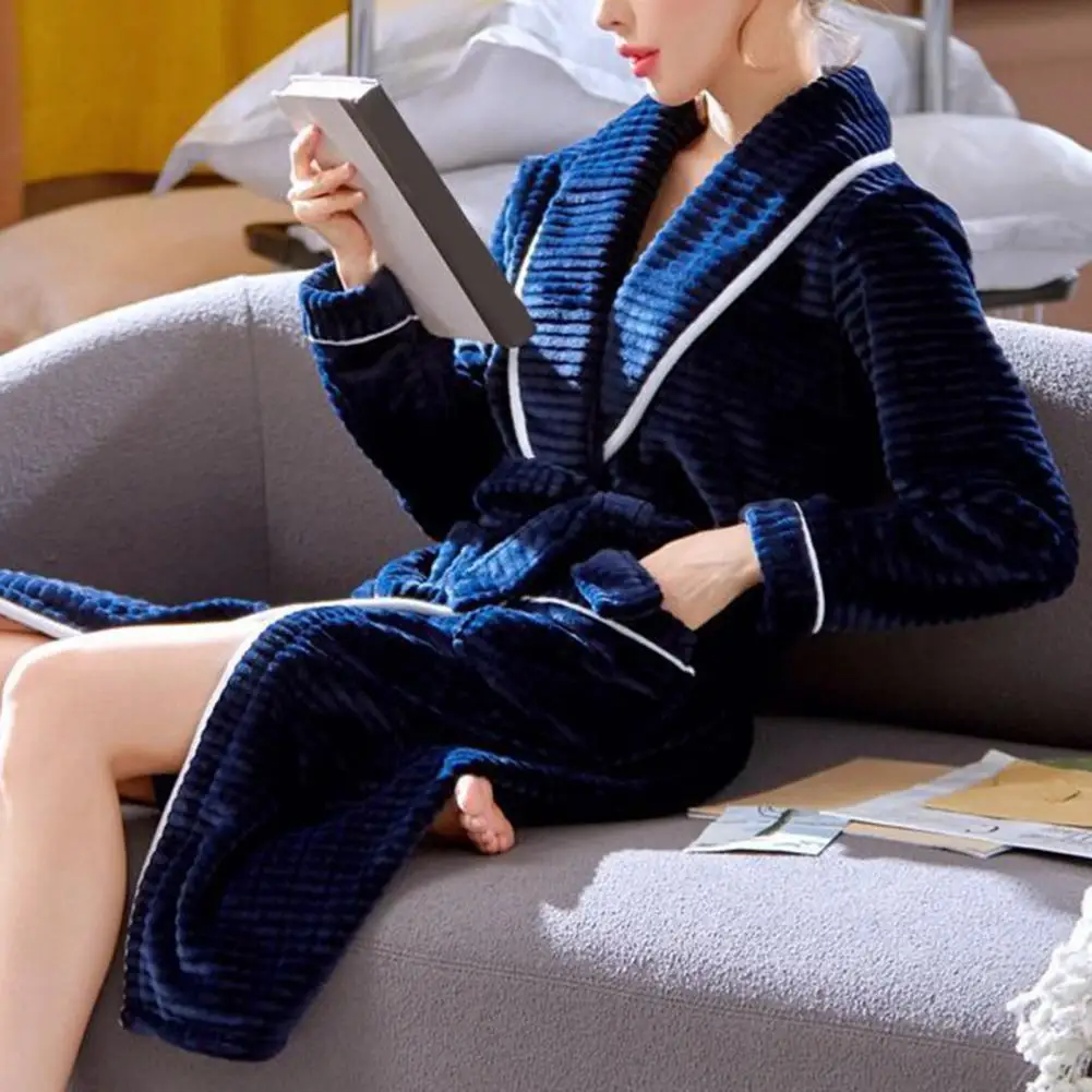 Women Winter Nightgown Thick Coral Fleece Warm Bathrobe Lace Up Belt Lapel Soft Great Water Absorption Lady Homewear Bathrobe