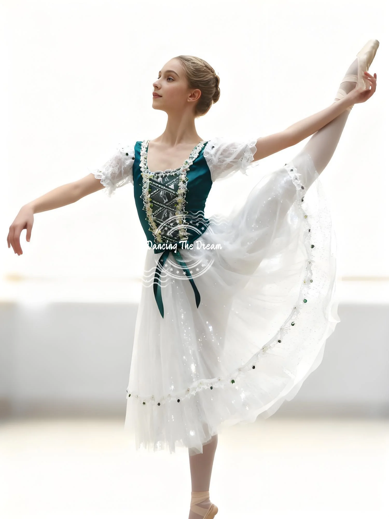 

Lace - Detailed Teal Ballet Dress with White Tulle Overlay