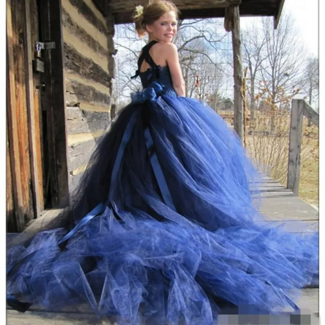 

Синее платье с цветочным узором для девочек по индивидуальному заказу, с бантами, без рукавов, бал принцессы для первого причастия, церемония дня рождения, свадьбы, вечеринки
