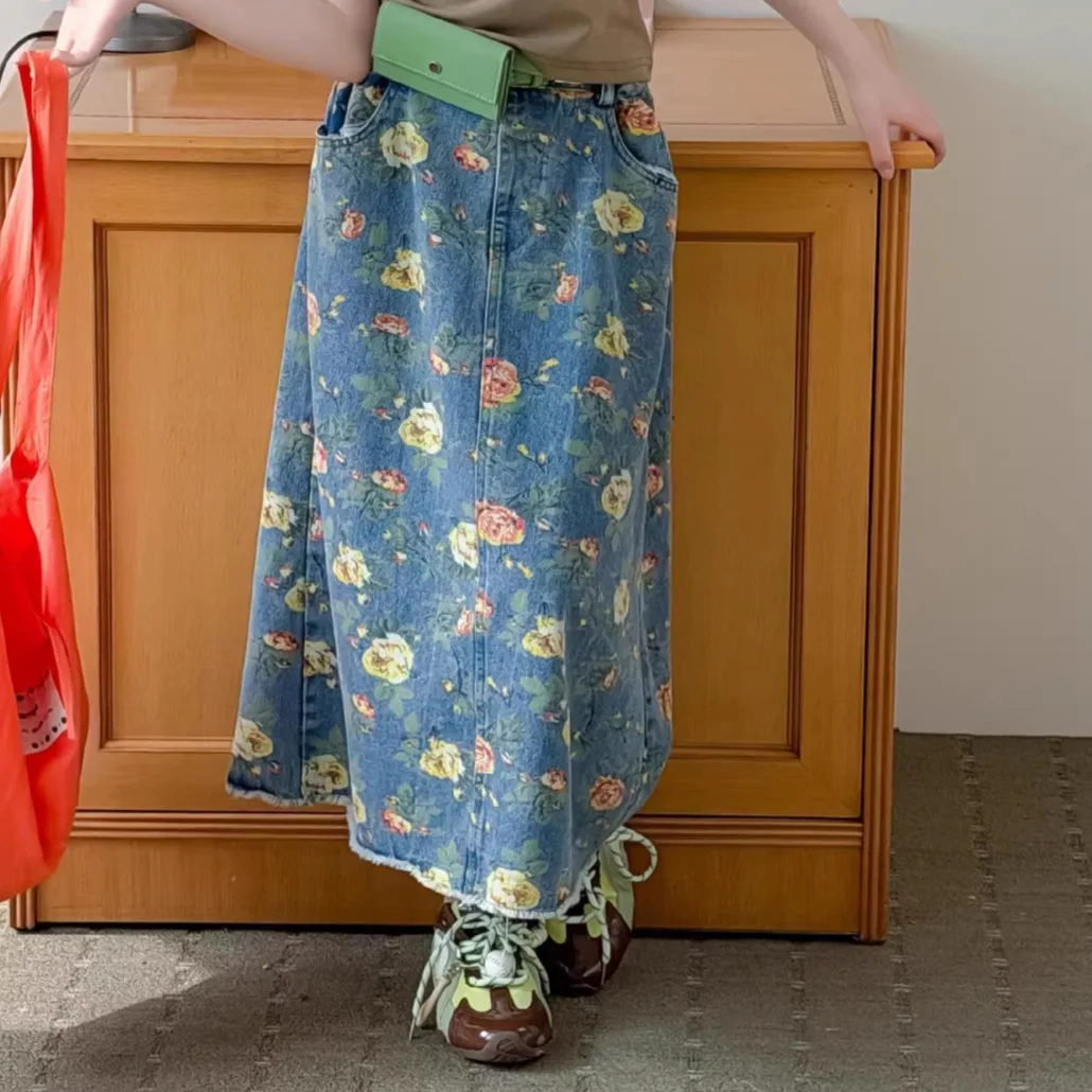 Children's Skirt 2026 Summer Collection Spicy Girl Floral Wide Leg denim Loose Straight Tube Casual Long Skirt