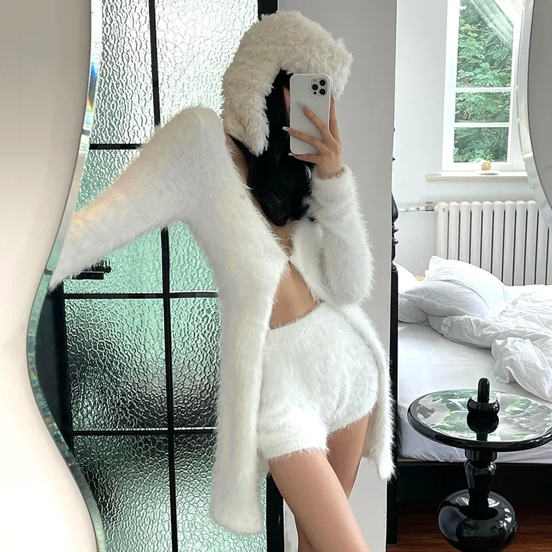 Karrram Fairycore White Cardigans Sexy V-neck Mohair Knitwear Japanese Harajuku Knitted Coat Korean Winter Fur Clothes Fluffy