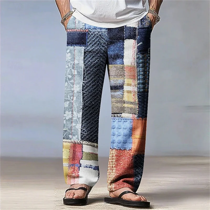 Men's Relaxed-Fit Sweatpants: Stylish Trendy Asymmetrical Color-Block Print Men's Casual Breathable Pants with Drawstring