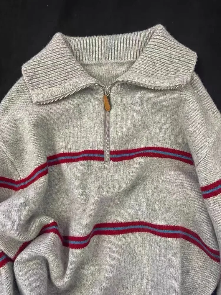 High-end 100% pure cashmere sweater women's soft waxy half zip striped lapel sweater loose thick knit base