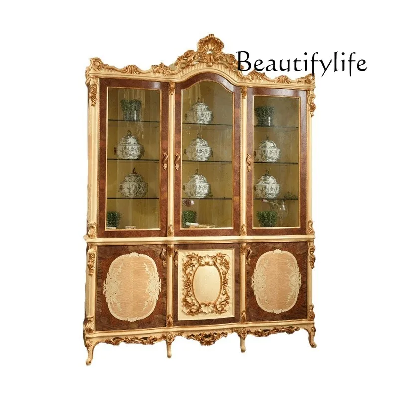 

Luxury Chinese classical solid wood carving flower glass wine cabinet living room decorative cabinet dining room large storage