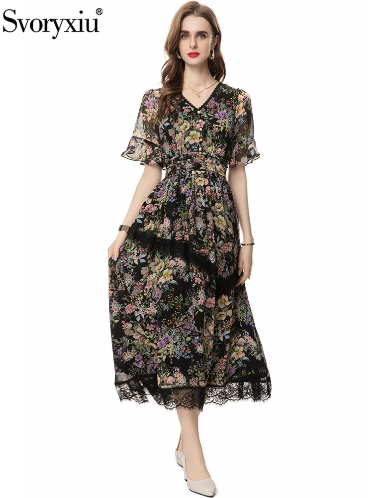 

Svoryxiu Fashion Designer Summer Vintage Floral Print Long Dress Women's V-Neck Flounces Sleeve High Waist Lace Patchwork Dress