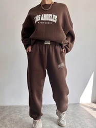 Elegante pulôver com capuz e calças de bolso para mulheres, senhora casual conjuntos soltos, terno sólido quente, outono, inverno, 2 peças