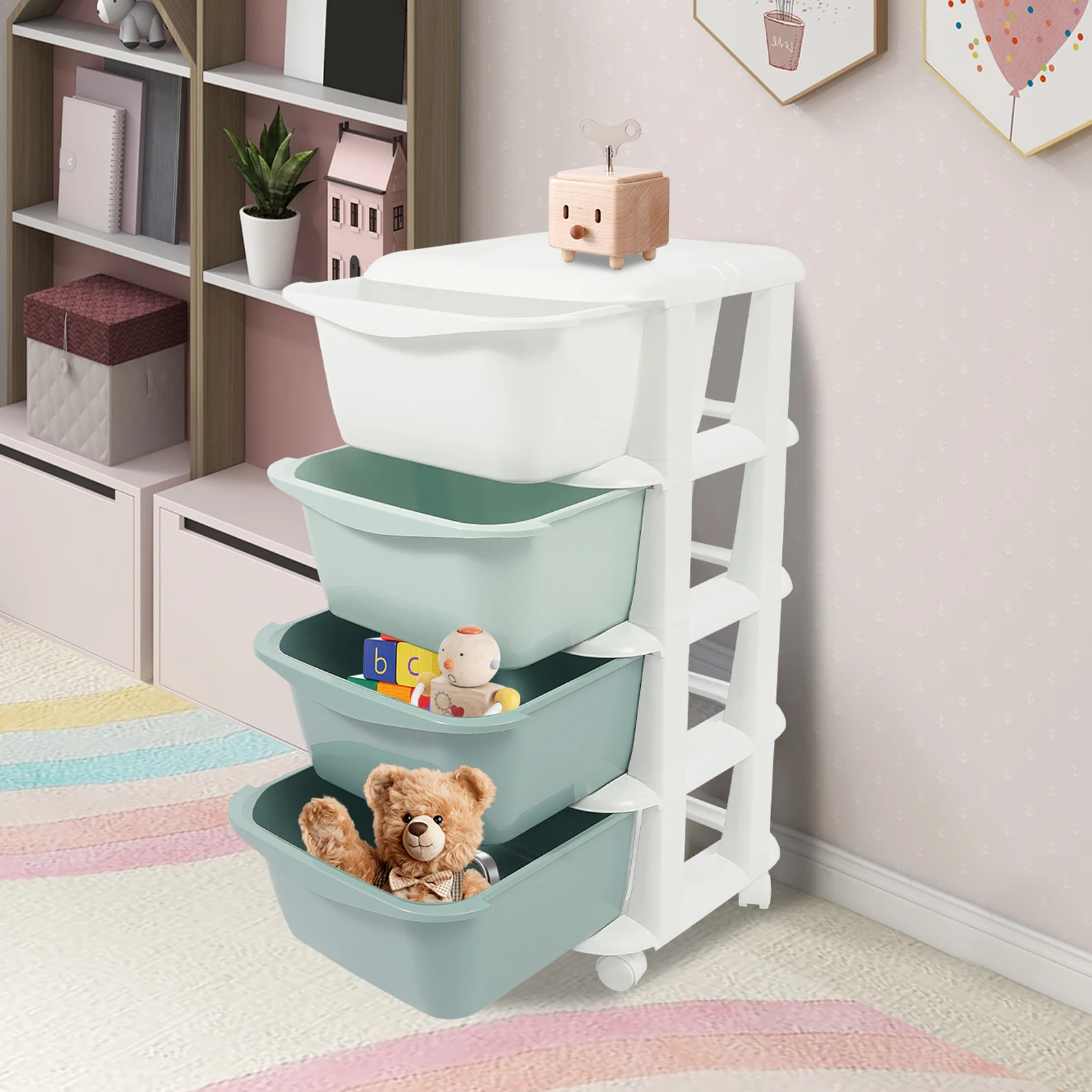 

PP Modern 4 Tier Storage Unit Toy Organizer 4 Drawer Organizer with Wheels Gradient Green