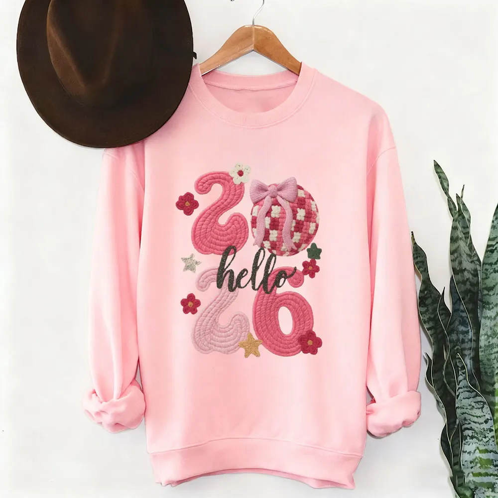 Appy Capodanno 2026 Felpe da donna maglione finto rosa all'uncinetto stampa grafica pullover da vacanza non ricamo felpe con cappuccio da donna
