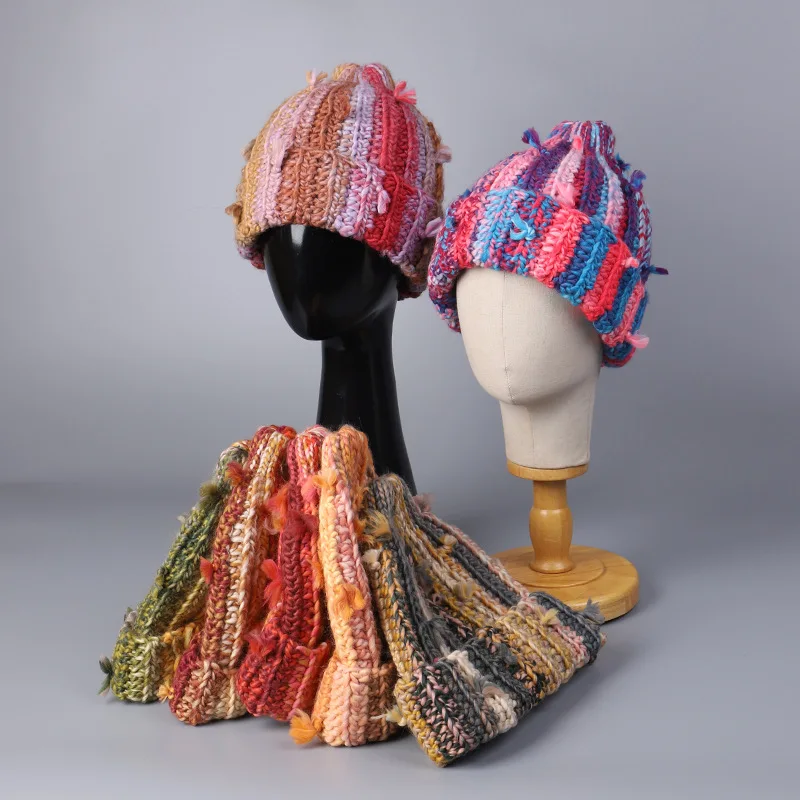 Japanese Style Sweet Knitted Beanie Cap Women Colorful Stripes Hand-knitted Fashionable Trendy Thick Yarn Wool Warm Beanie Cap