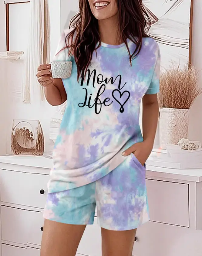 

Summer Women's Home Set with Color Blocked Letter Print Round Neck Loose Short Sleeved T-Shirt and Casual Straight Shorts Set