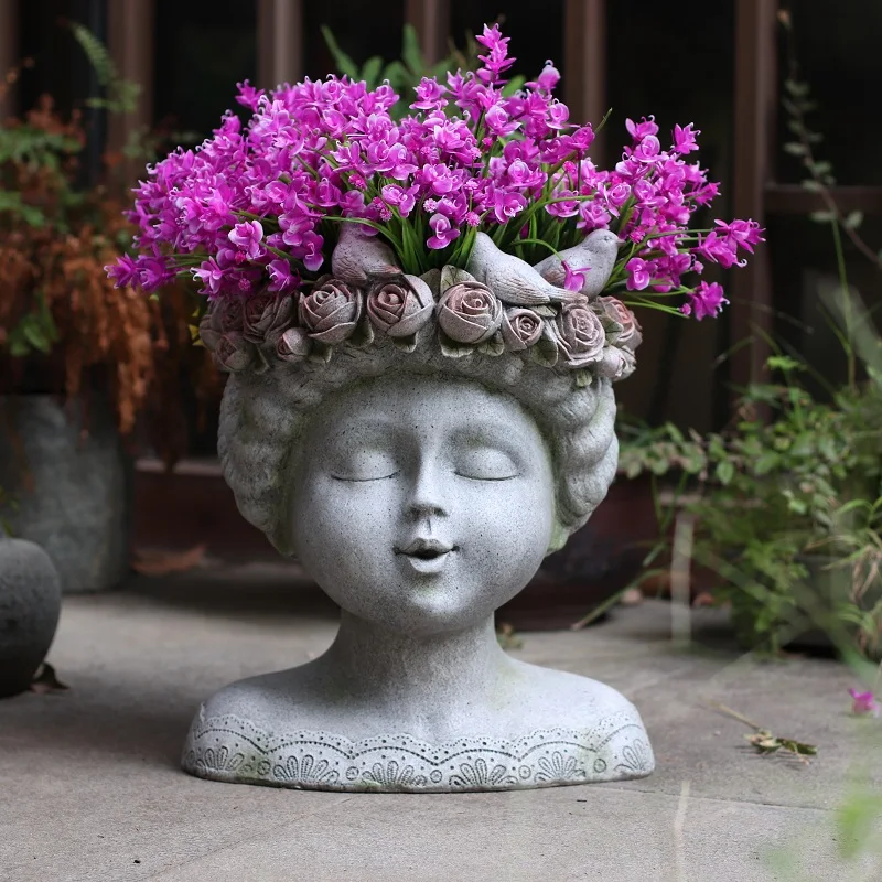 

Balcony Garden Decorative Flowerpot Hydroponic Personalized Art Pots for Plants Floral Ornaments Resin Girl Head Plant Pot