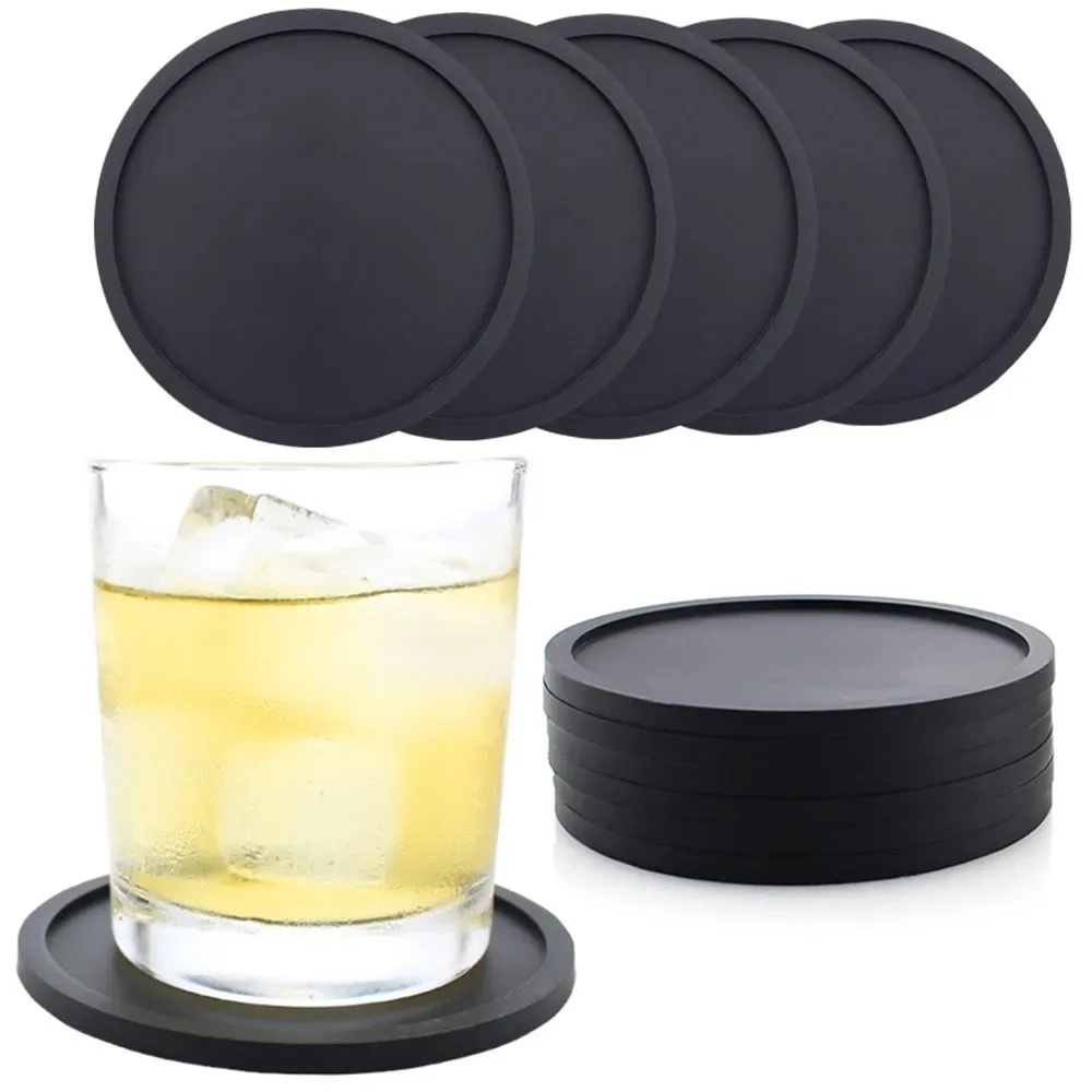 4pcs Durable 10cm Cup Mat Black Round Shape Silicone Coaster Heat Resistant Non-Slip Surface Round Coffee Cup Mat Tabletop