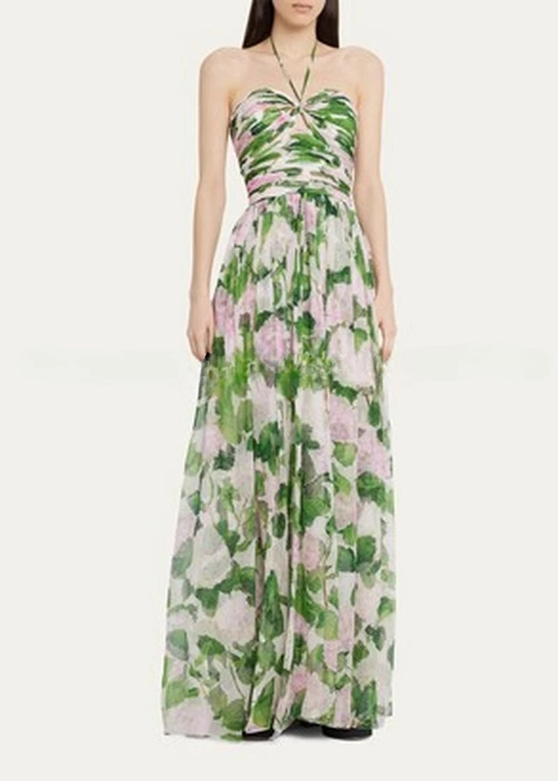 

Green Floral Printed Elegant Women Dress Slash Neck Halter Sleeveless Maxi Dresses Bodycon Streetwear Runway Vintage Clothing