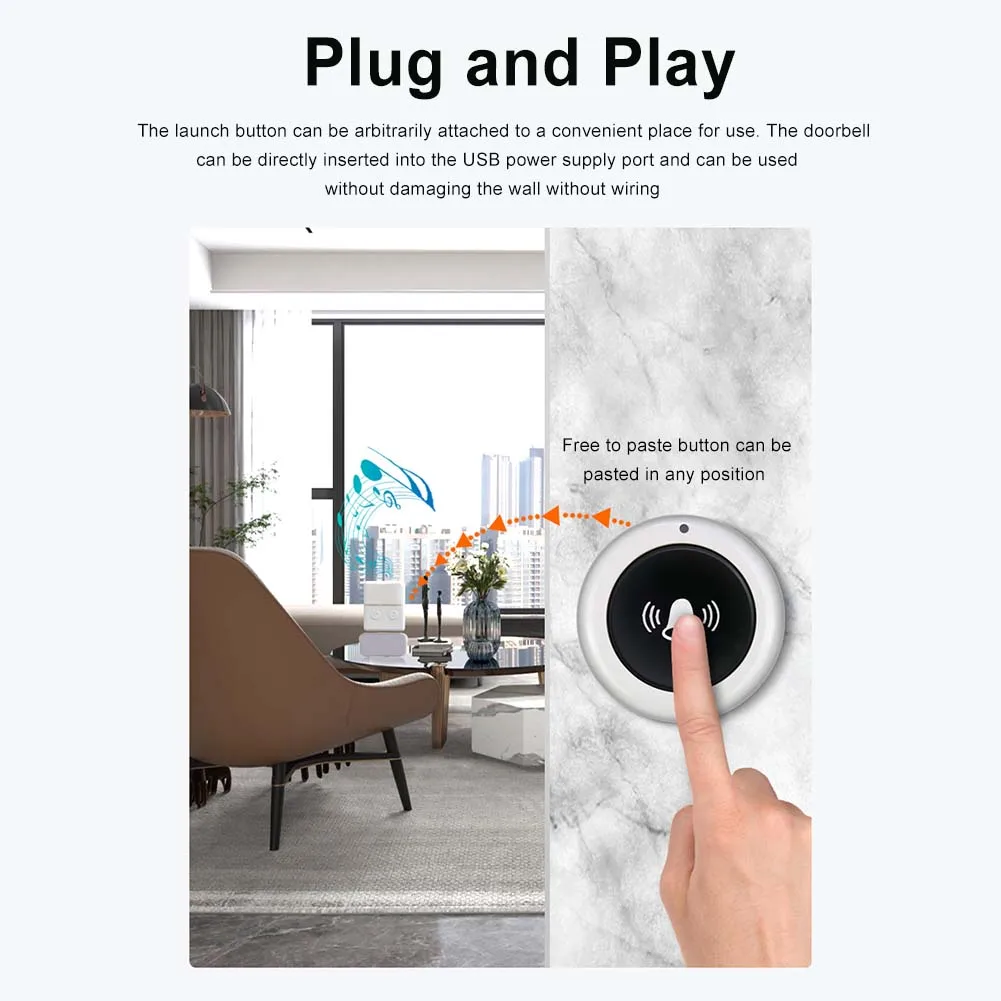 Timbre inalámbrico USB timbre de puerta USB inteligente RF 433MHz Control remoto 30 anillo receptor de ajuste de volumen para cama de casa llamada emergente