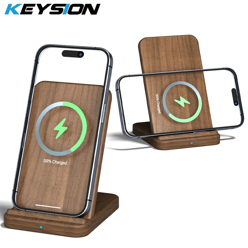 KEYSION 15W Fast Wireless Charger Stand for iPhone 15 Pro 14 13 12 11 Wood Qi Fast Wireless Charging Pad for Samsung S24 S23 S22