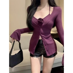 Korean Two-piece Cardigan Camis Set High Street Long Sleeve V-neck Slim Thin Harajuku Y2K Tops Fashion Blouse Suit Woman Outfits