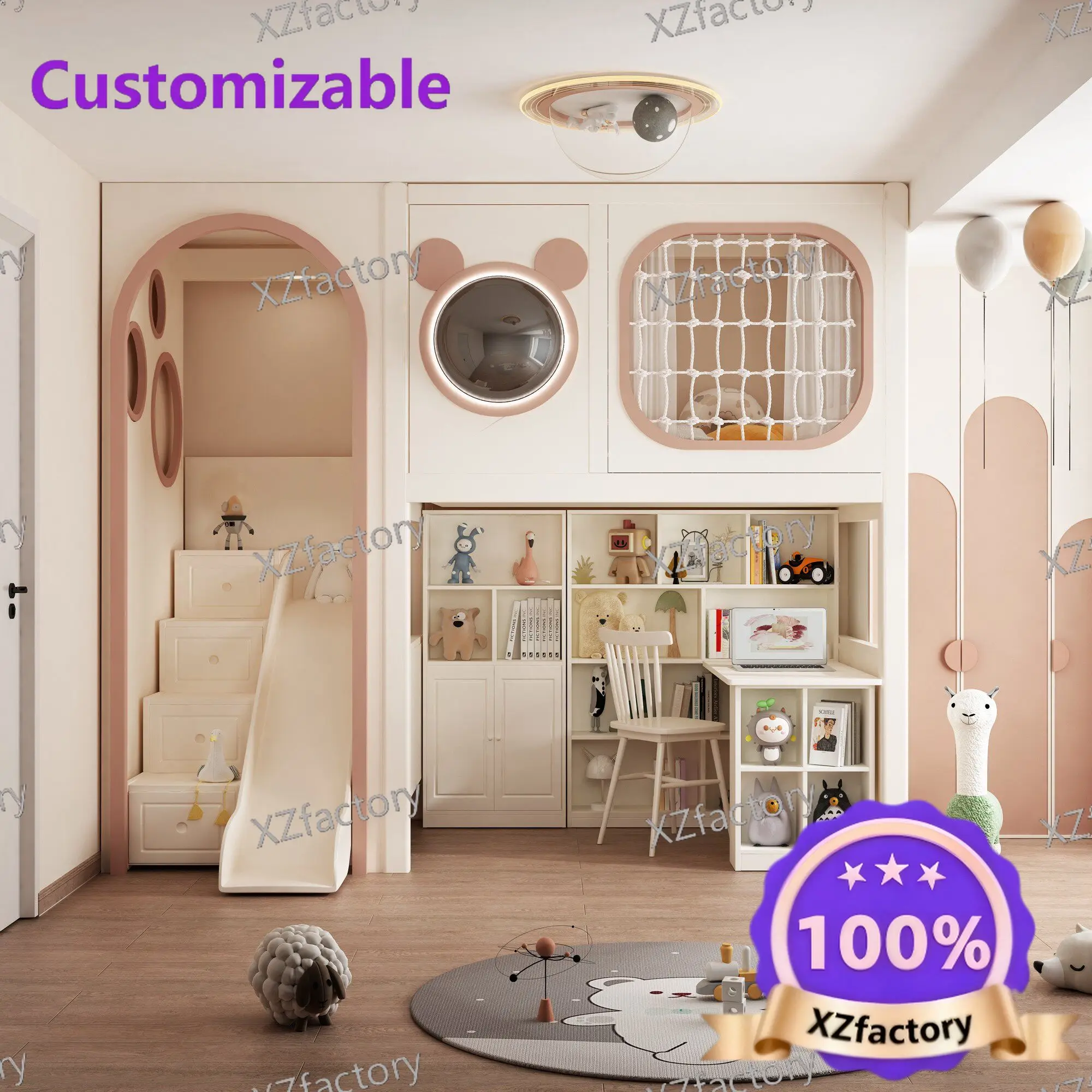 

Customizable Full Solid Wood Kids Tree House Bunk Bed with Multifunctional Space Capsule Design