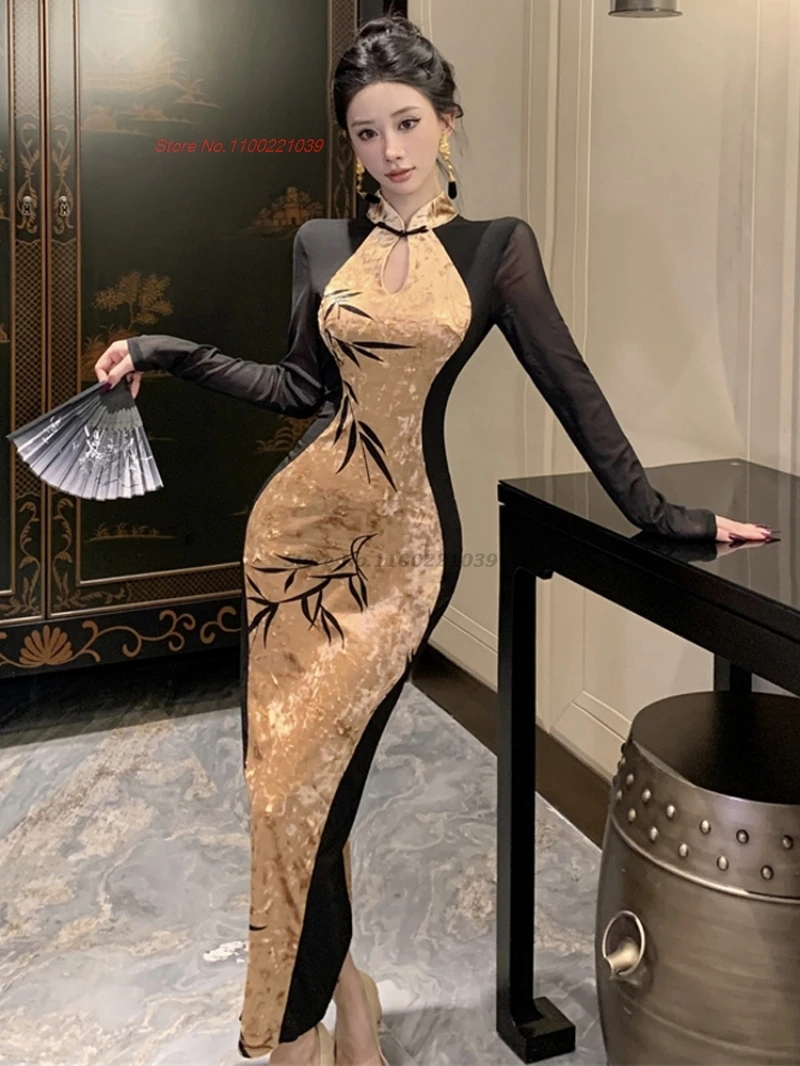 

2025 oriental sexy dress improved cheongsam national flower print lace velvet patchwork qipao dress banquet evening dress qipao