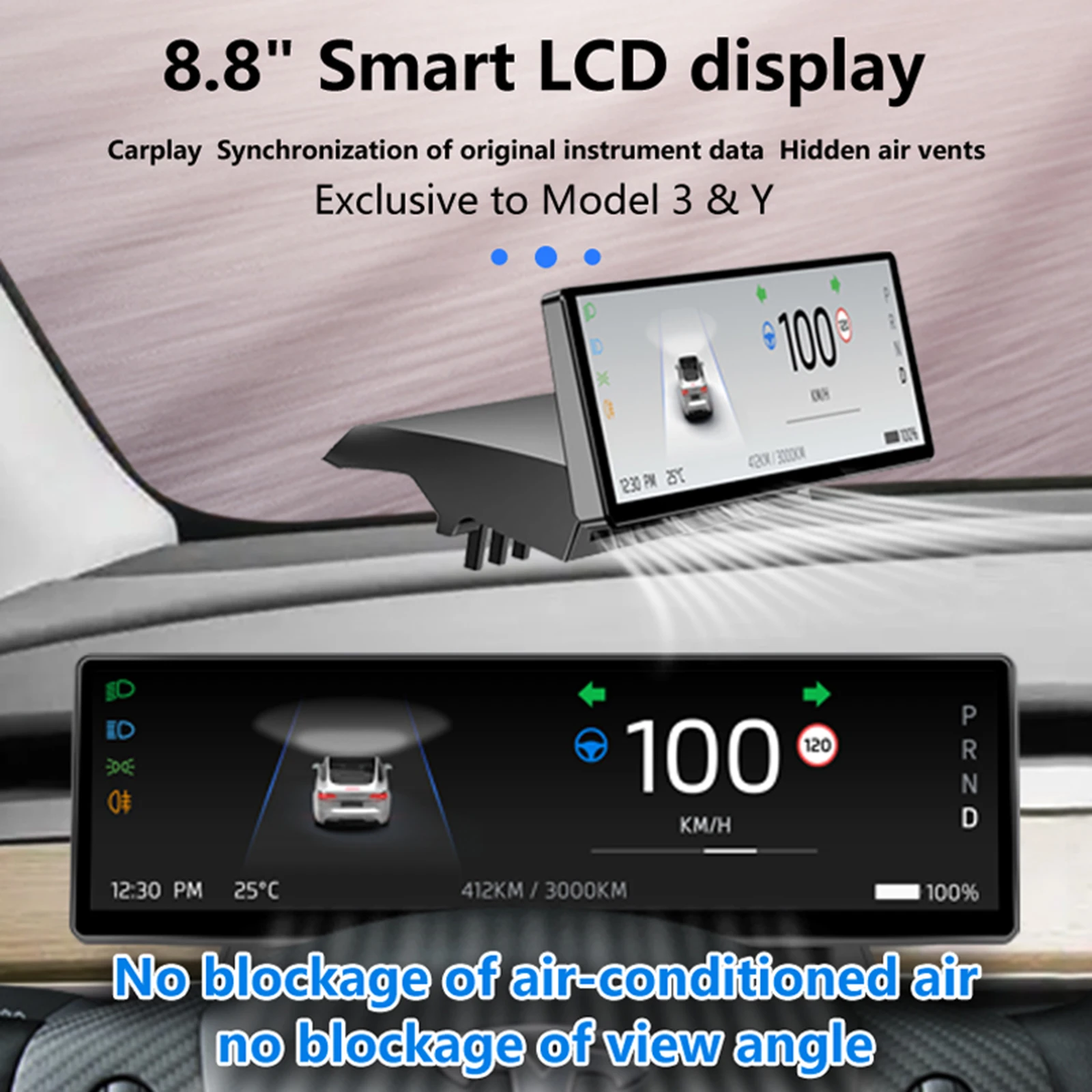 For Tesla Model 3 Y Heads Up Display 8.8 Inch Linux OS Digital Center Console Dashboard Support Wireless CarPlay Android Auto