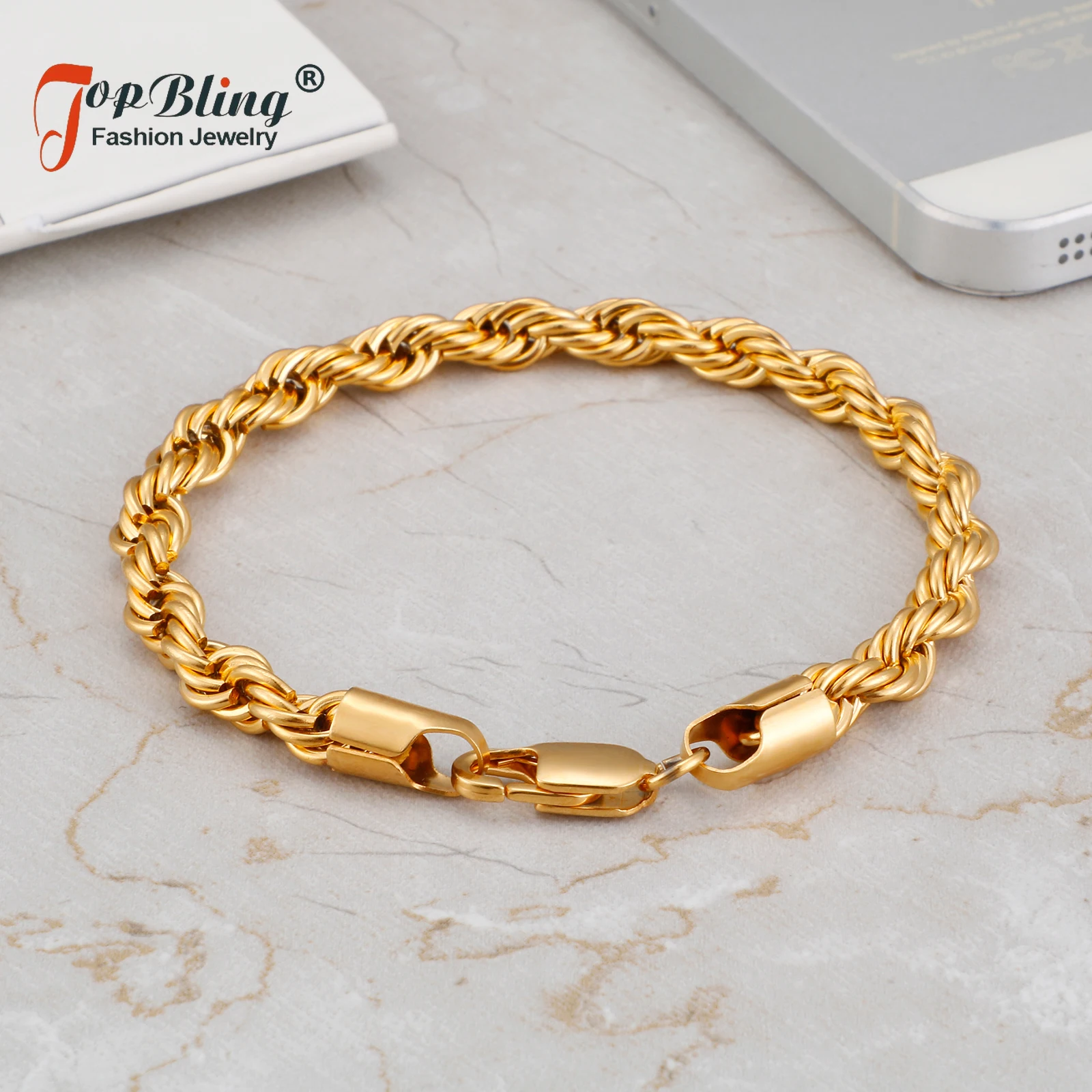 

TopBling 316L Stainless Steel Rope Chain Bracelet Titanium Steel 18K Gold Plated Bangle