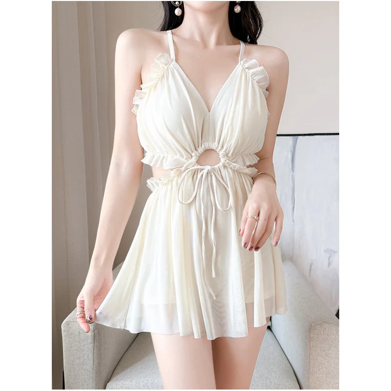 sexy kpop ruffles hollow out swimsuits one piece backless tie mini dress culottes bikini padded swimwear tankini biquini - view 4